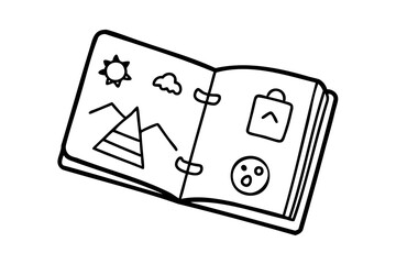 Open scrapbook with drawings sun clouds mountains pyramid bag face