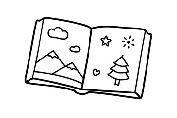Open book with mountains clouds tree star heart drawing