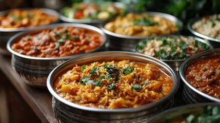 Indian buffet table with vibrant curries, rice, and vegetables served in metal containers. Colorful, abundant dishes ready for a catering event or festive meal, showcasing rich Indian cuisine variety.