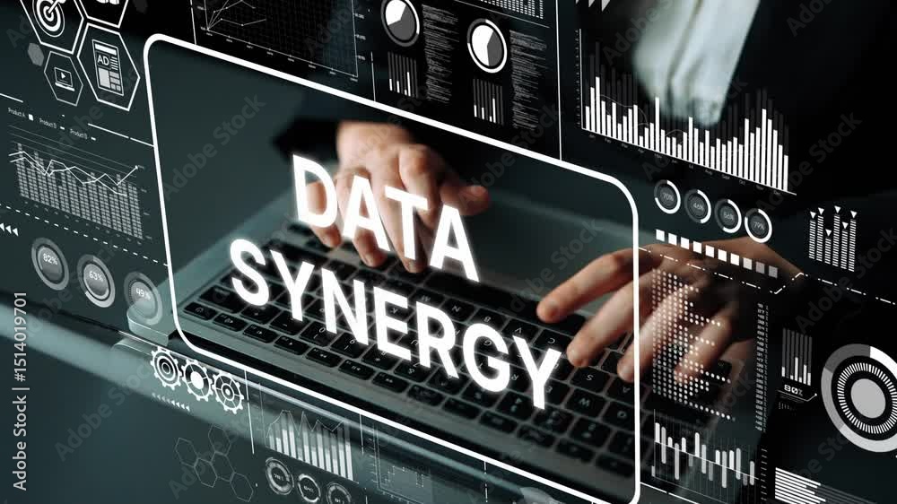 Poster hands typing on laptop with data visualization and analytics graphics representing data synergy in b