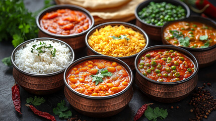 Indian buffet table with vibrant curries, rice, and vegetables served in metal containers. Colorful, abundant dishes ready for a catering event or festive meal, showcasing rich Indian cuisine variety.