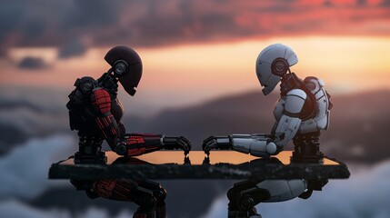 Robots playing chess at sunset, AI intelligence concept.