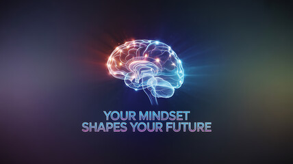 Glowing brain with neural connections and text on a dark gradient background