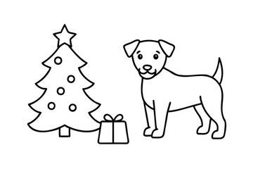 Cute dog christmas tree present line art illustration