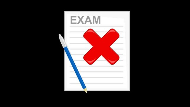 video animation pen, exam and cross, in disapproved evaluation concept, on a transparent background with alpha channel at zero