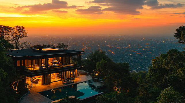 Luxury mountaintop residence glowing warmly at night, showcasing modern architecture with panoramic views. Elegant lighting highlights exclusivity, comfort, and serene elevated living in nature’s embr