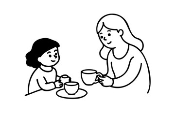 Mother and daughter enjoying tea time together cute illustration