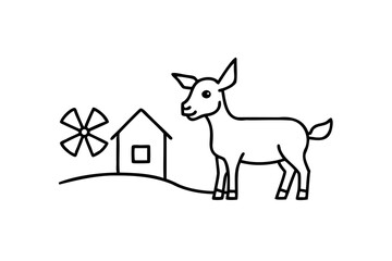 Young goat in farmland scene simple line drawing illustration