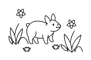 Cute piglet in spring meadow line art illustration