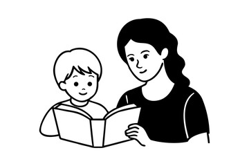 Mother and son reading book together happy family time