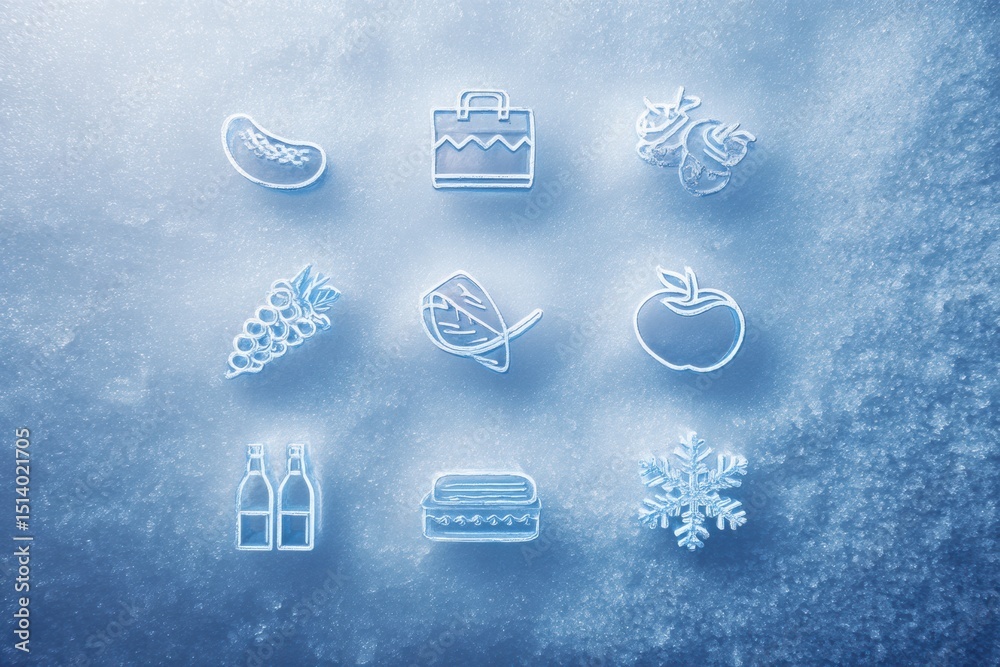 Poster display of frozen food brand icons arranged on an icy gradient background with a clean and organized