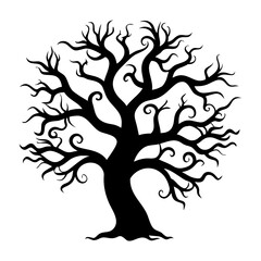 Silhouette of a Withered Tree with Twisted Branches Against a White Background Creating an Eerie and Spooky Feel
