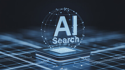 Ai search text on a square platform with a wireframe globe in a blue setting