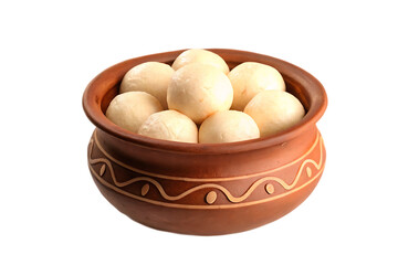 Rasgullas in matka or earthen pot isolated on transparent background.PNG