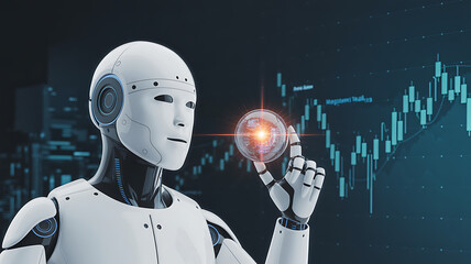 White robot holding glowing sphere with stock chart background concept art