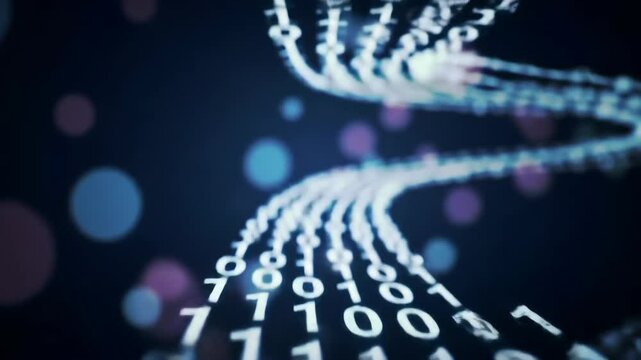 Binary code flowing on dark background, data stream illustration