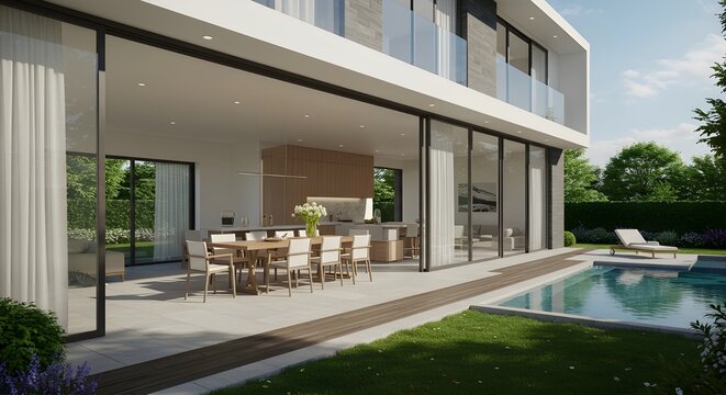 Vista del exterior de una lujosa casa moderna con comedor y jard&iacute;n.
