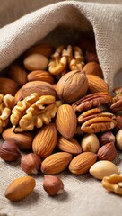 Assorted nuts in burlap sack healthy food background
