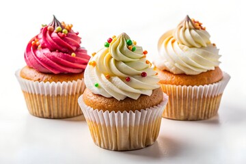 Three Delicious Cupcakes with Swirled Frosting and Colorful Sprinkles on a White Surface