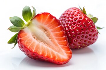 Two Fresh Strawberries, One Cut in Half, Showing the Juicy Red Interior
