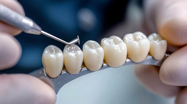 Close up of a dental bridge being adjusted by a professional technician intricate handwork ultra sharp detail on tools and material