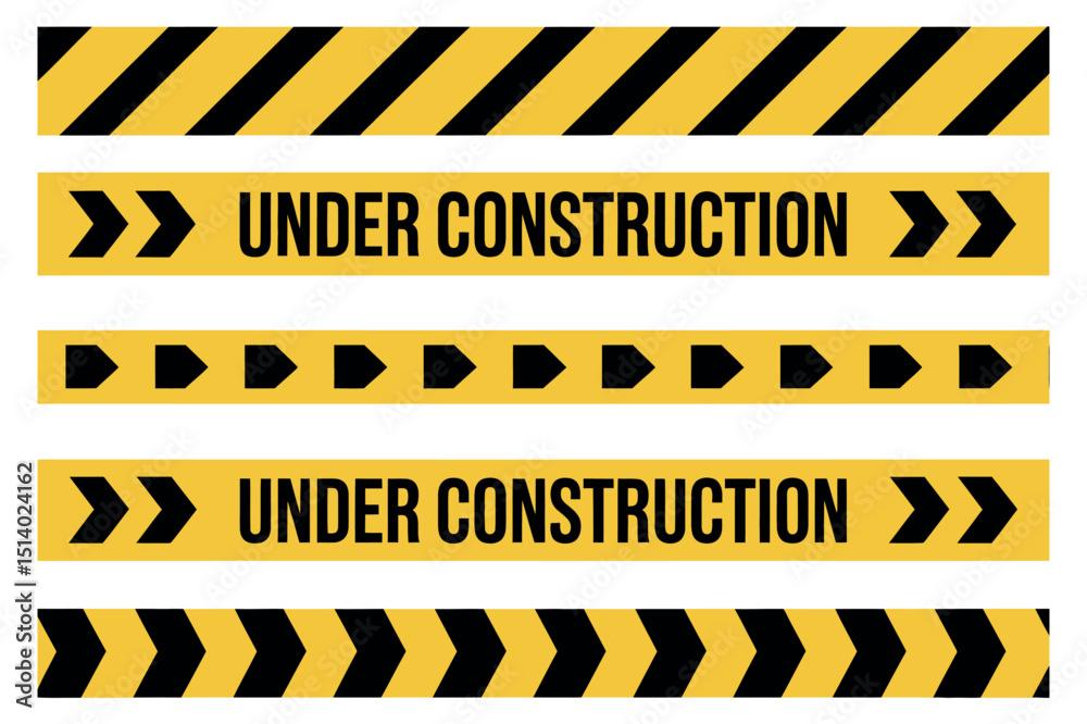 Poster set of yellow and black warning tapes with different patterns and under construction text isolated o