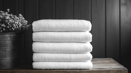 Stacks of clean white linens, sheets, and towels neatly folded, showcasing professional laundry service excellence. Spotless textiles ready for commercial use, emphasizing hygiene, freshness, and unif
