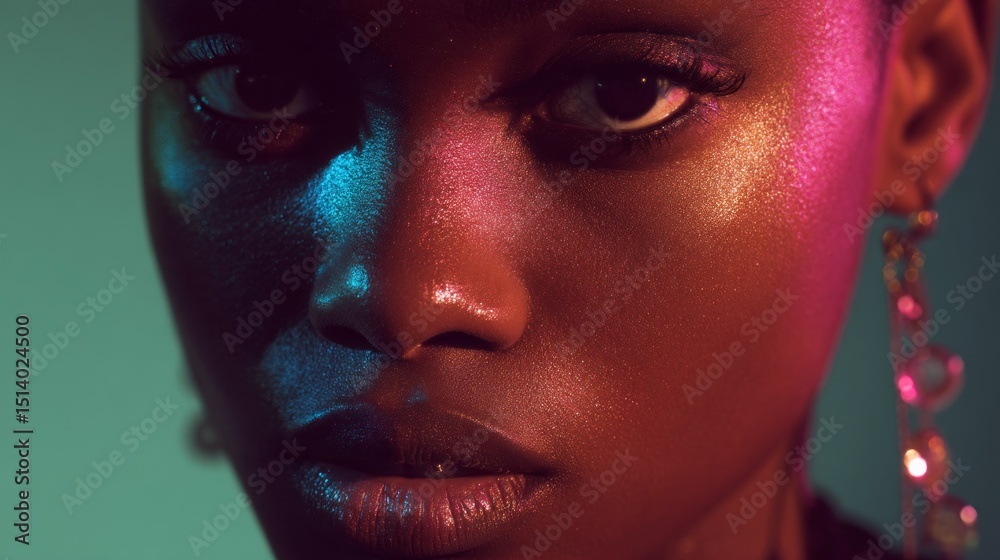 Poster a dark-skinned model displays striking holographic makeup and earrings. colorful lighting enhances h