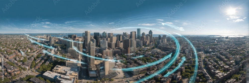 Poster Optimized Delivery Routes Illustrated Over an Urban Skyline With Clear Upper Margin for Enhanced Logistics Planning