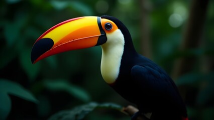 Naklejka premium Toucan perched on a branch in a tropical rainforest surrounded by green jungle plants