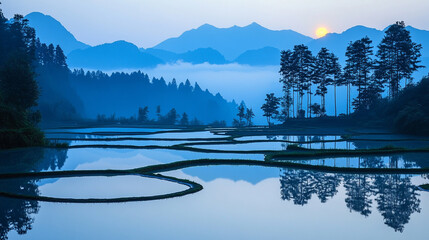 Golden sunrise reflects on terraced rice paddies nestled in a peaceful mountain valley. A tranquil scene capturing harmony between nature, agriculture, and morning light in rural Asia.

