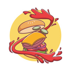 Cute floating beef burger vector illustration