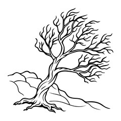 The Resilience of Nature A Bare Tree Bent by Strong Winds Standing Firm Against the Elements in Winter