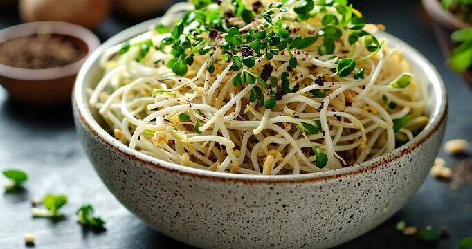 Close-up of a bowl with noodles, sprouts, and herbs on a dark background. Bowl with a floral pattern. Focus on the details of the food with various ingredients and the background objects
