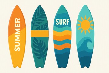 Vibrant Summer Surfboard Set with Tropical and Wave Designs