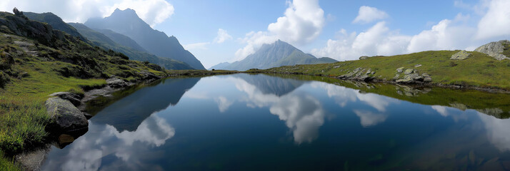 A large body of water is reflected in the sky. The sky is mostly clear with a few clouds