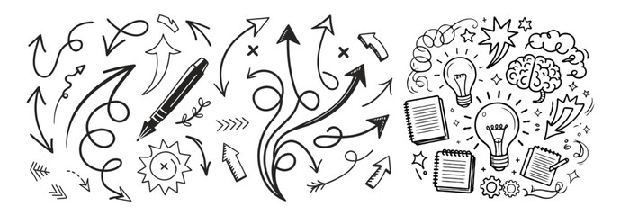 Line marker hand drawn brush arrow element set. Sketch pencil stroke vector graphic pen underline scribble icon. Hand drawn line heart, crown, star symbol highlight marker shape. Vector illustration