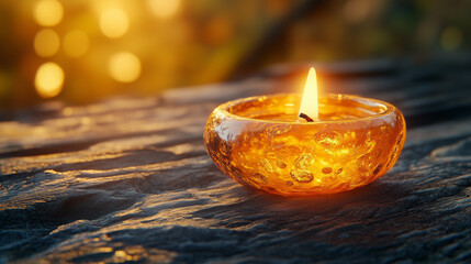 Fossilized Diya lamp cast in prehistoric amber on ancient wooden beam  