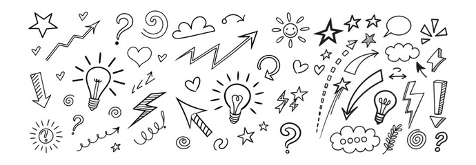 Line marker hand drawn brush arrow element set. Sketch pencil stroke vector graphic pen underline scribble icon. Hand drawn line heart, crown, star symbol highlight marker shape. Vector illustration