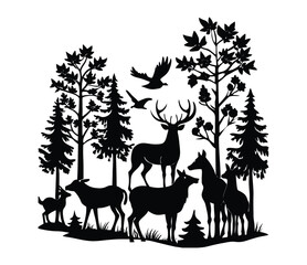Silhouettes of wild deer and other animals like horse in a nature landscape illustration with trees at sunset