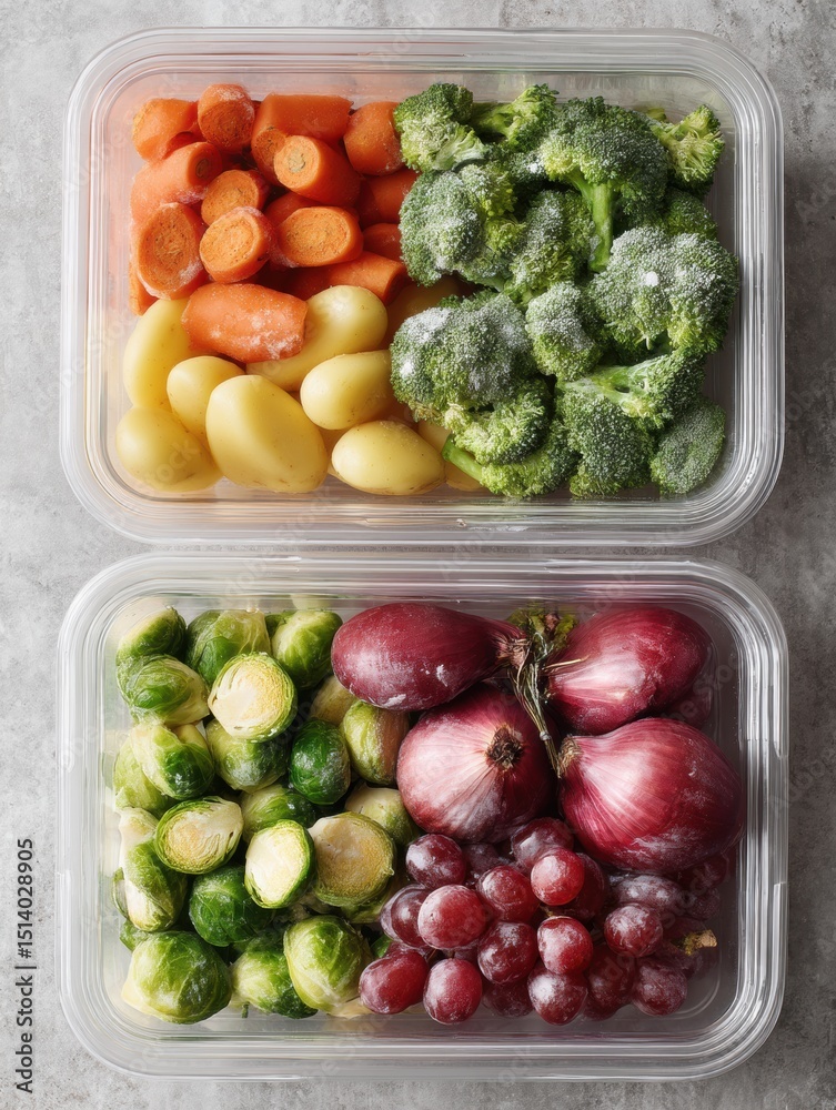 Poster comparison of shelf life for fresh and frozen vegetables in clear containers showing organized layou