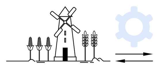 Windmill surrounded by corn and wheat plants with gear and arrows symbolizing agriculture, sustainability, and energy efficiency. Ideal for farming, green energy, process optimization, and flat