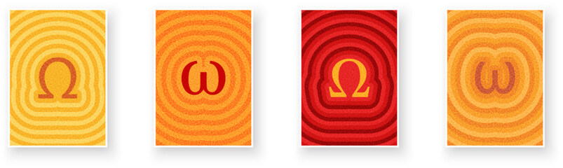 Vector illustration of uppercase and lowercase omega symbols in warm concentric ripple patterns with bold and soft contrasts.
