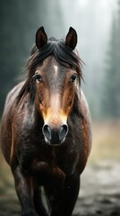 Obraz premium Beautiful brown horse walking through a misty forest in the early morning light