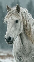 Majestic white horse standing in snowy landscape during winter snowfall in a serene natural setting