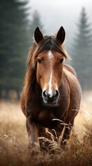 Obraz premium Majestic brown horse walking through misty autumn grassland in a serene forest setting
