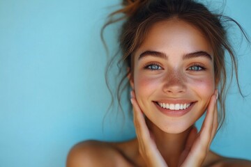 Happy young European woman flashing bright smile against blue backdrop, touching her clear, radiant skin. Skincare concept