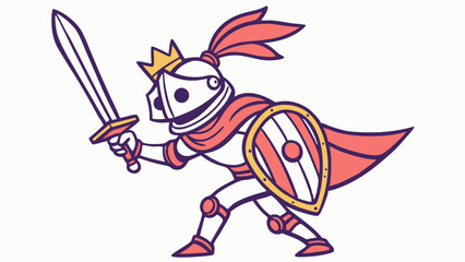 Fototapeta premium Illustration of a cartoon knight with a sword and shield wearing a crown and armor