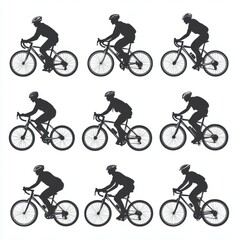 Cyclist in various positions on road bike during training session at sunset
