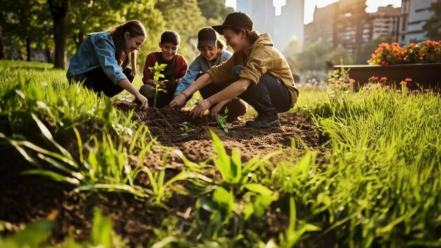 Group of Children Planting a Tree Together - Environmental Stewardship. Four young girls are kneeling in a garden, working together to plant a small sapling. They are smiling and focused on the task. 